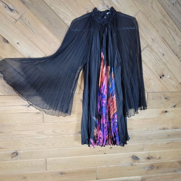 Alberto Makali Cape Dress Beaded Collar Pleated Flowy Belled Arms Size S Small - Picture 2 of 9
